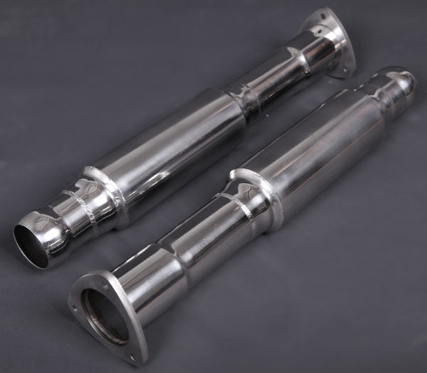 wide view of Capristo Secondary Cat Delete Pipes for Aston Martin V12 Vantage 2022+ with black background