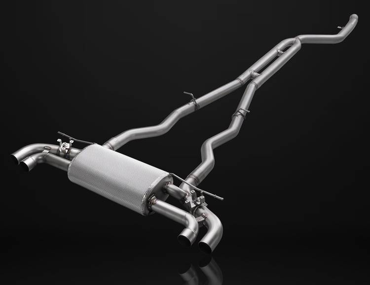 A front view of the IPE SS Cat-Back Exhaust System for 540i / 540Li (G30/G31 - B58) 2016-2024 with black background