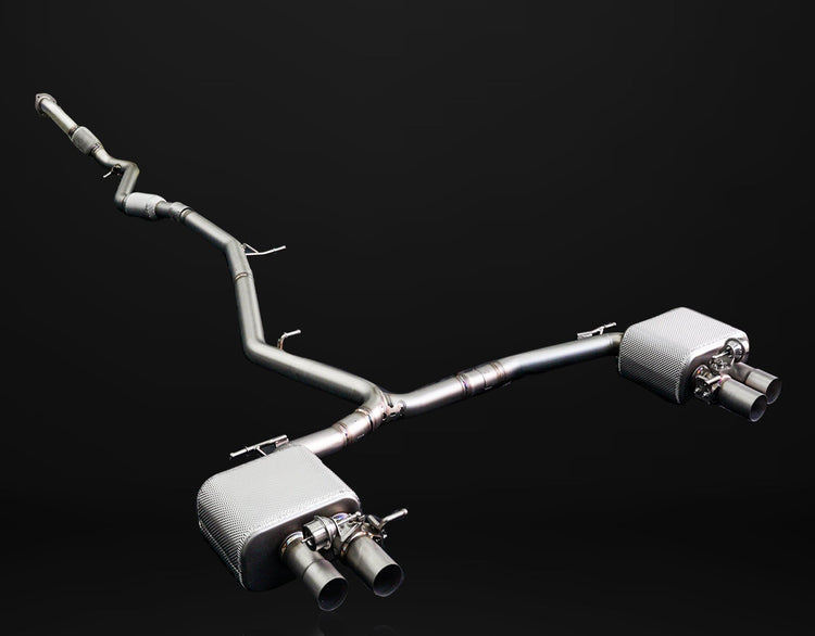 A top wide view of IPE SS Dual Side Dual Out Version Cat-Back Exhaust System with OBDII with Lighting Sensor for Audi A6 C8 45 TFSI Quattro (2.0T) 2019+ with black background
