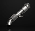 A front view of IPE SS Catted Downpipe for BMW M440i 2021-2024 with black background