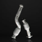 A front view of IPE SS Catted Downpipe for BMW M2 / M3 2021-2025 with black background