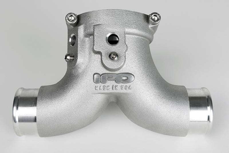 Front view of the Cayenne Turbo Y plenum with stainless studs and sensor mounting boss - IPD for Porsche 955 Cayenne Turbo