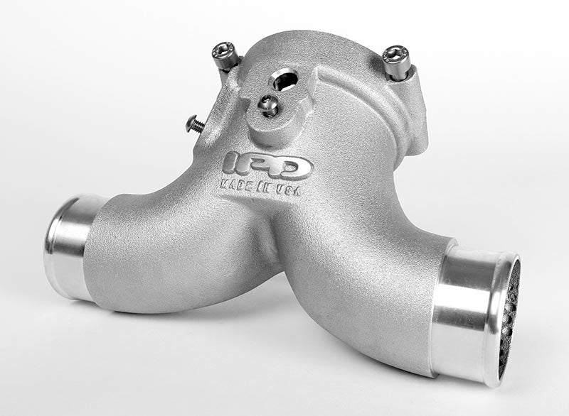Cayenne Turbo Y plenum three-quarter view with polished inlets and IPD Made in USA casting - IPD for Porsche 958 Cayenne Turbo