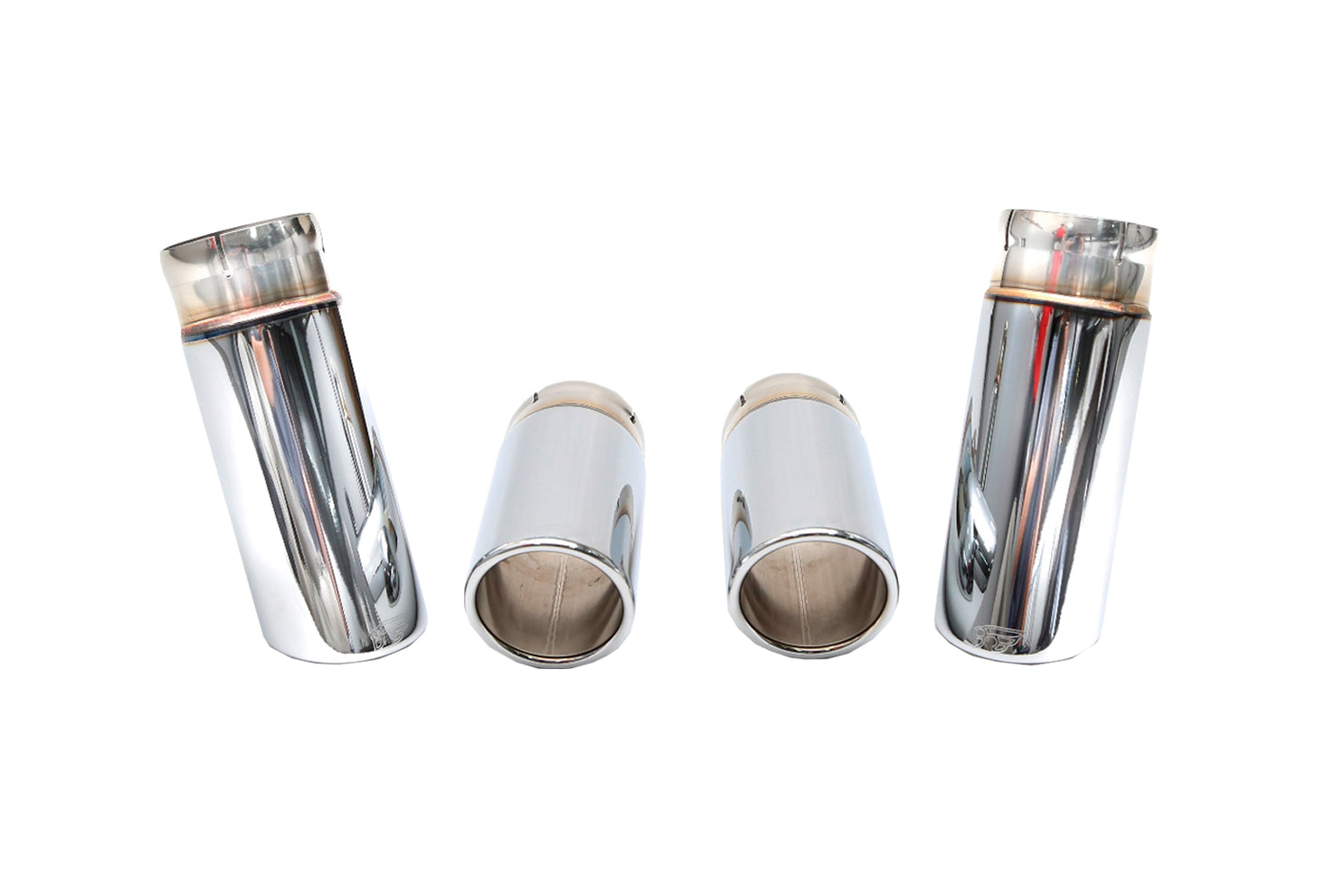 A front view of the chrome silver tips of the IPE SS Rear Valvetronic System with Remote Control for BMW M3 (E90/E92 - S65) 2007-2013 with white background