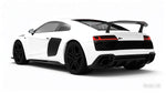 Render of a white Audi R8 rear three-quarter with carbon rear wing