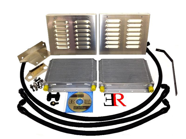 A front view of Evolution Racewerks Competition Series Oil Cooler Upgrade Kit for BMW N54/N55 135i/335i