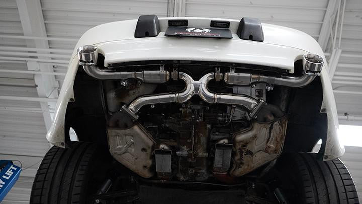 Fabspeed 993 X-pipe exhaust installed on a white Porsche 993