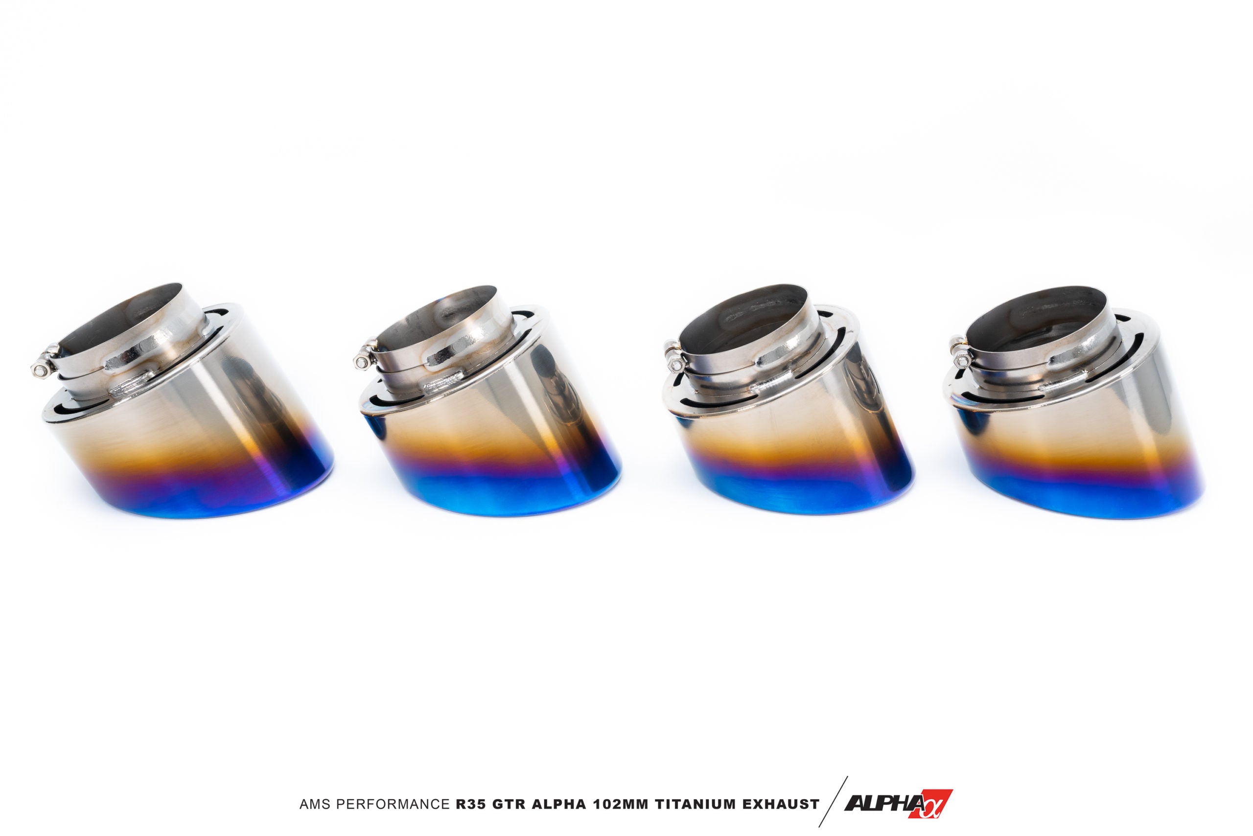 Four 5 inch titanium blue tips from the AMS GT-R Alpha exhaust