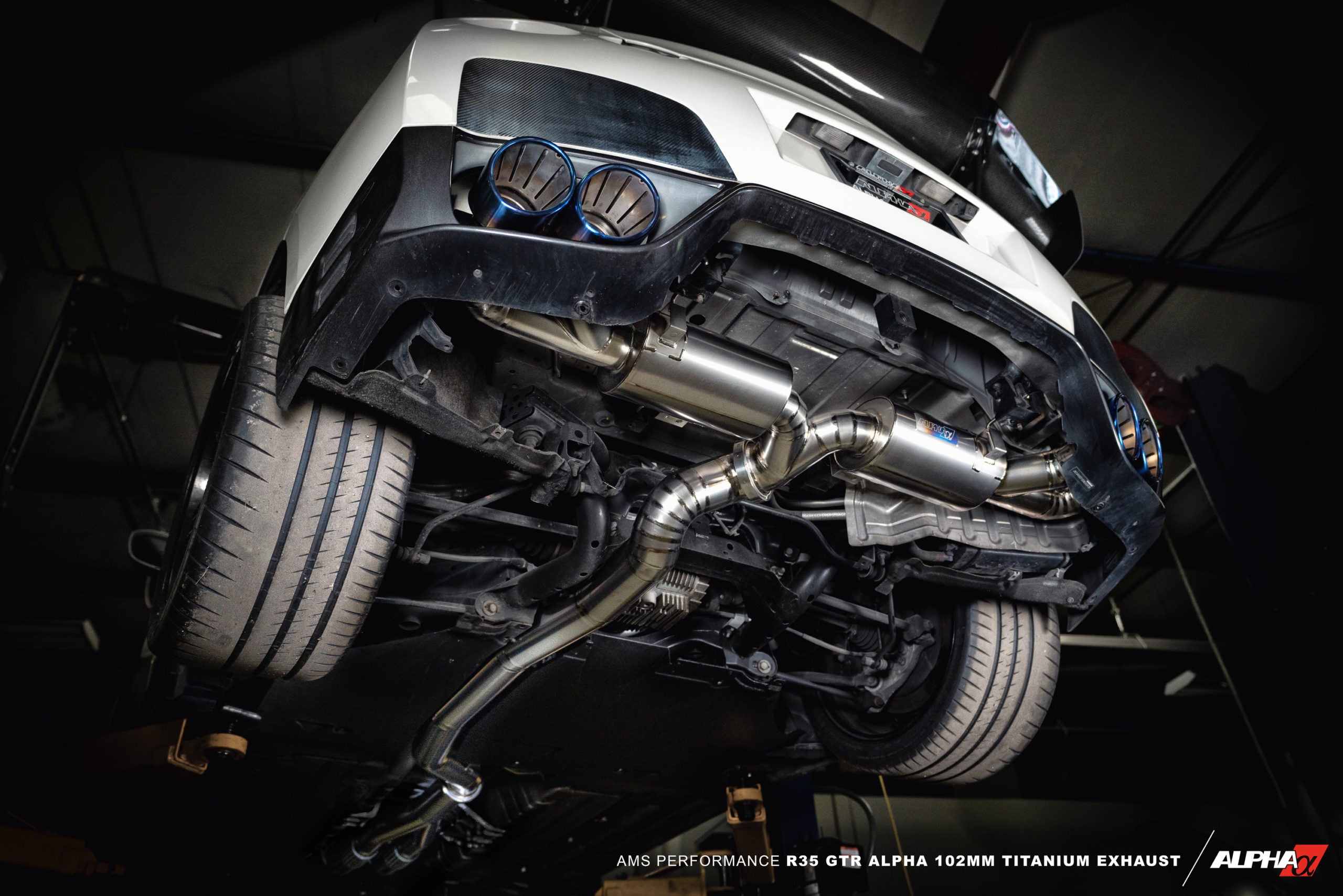 AMS Alpha 102mm titanium exhaust installed under an R35 GT-R