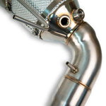 Close-up of the O2 bung weld on the Cayenne E3 V8 sport cat