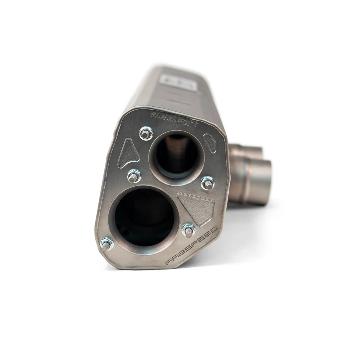 End view of the titanium center muffler for the Porsche GT3