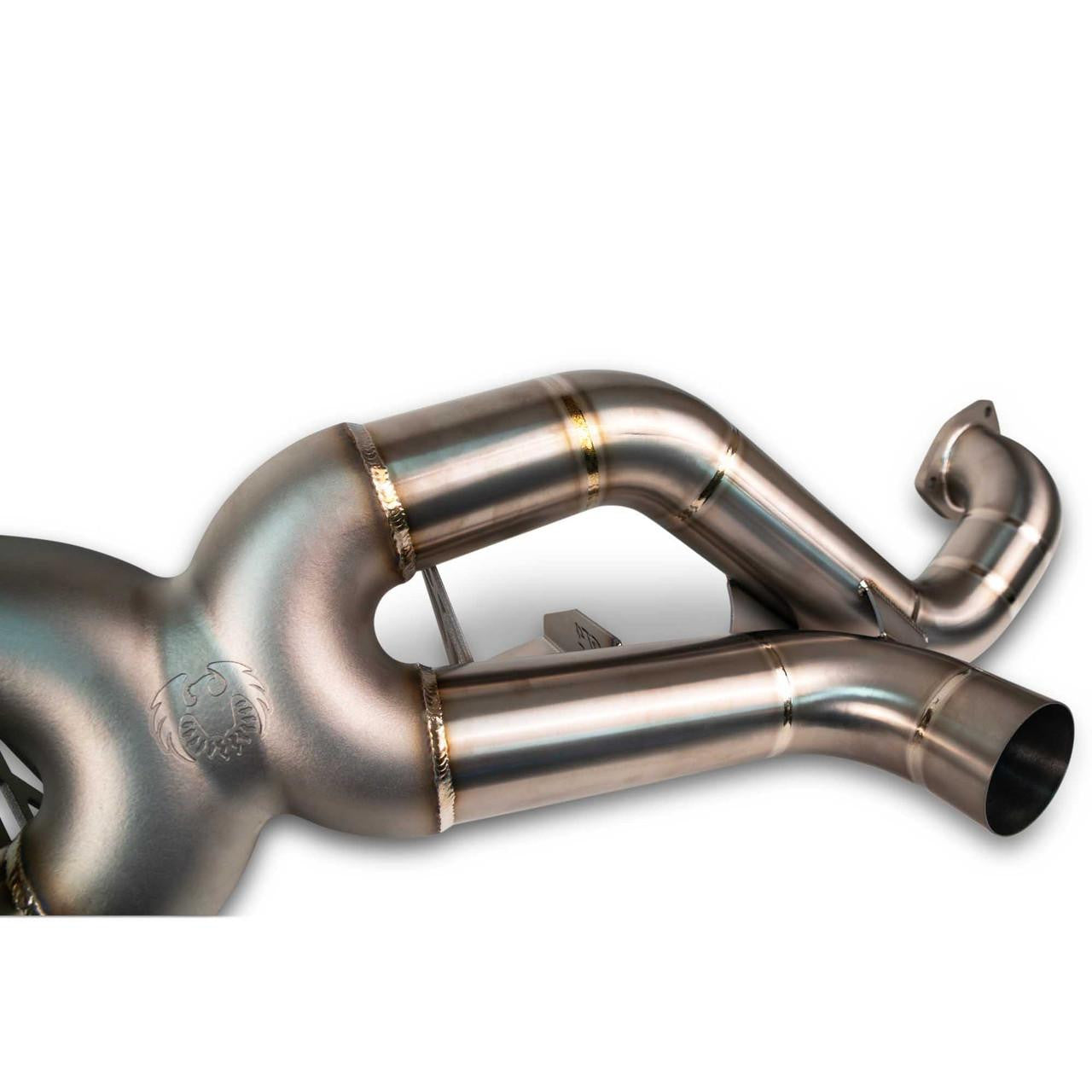 Fabspeed GT4 RS titanium exhaust, angled side view