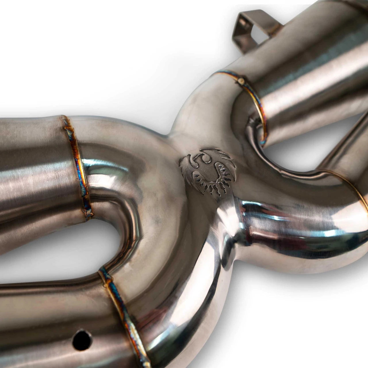 Close-up of the X-crossover on the 992.2 Turbo S sport cat X-pipe