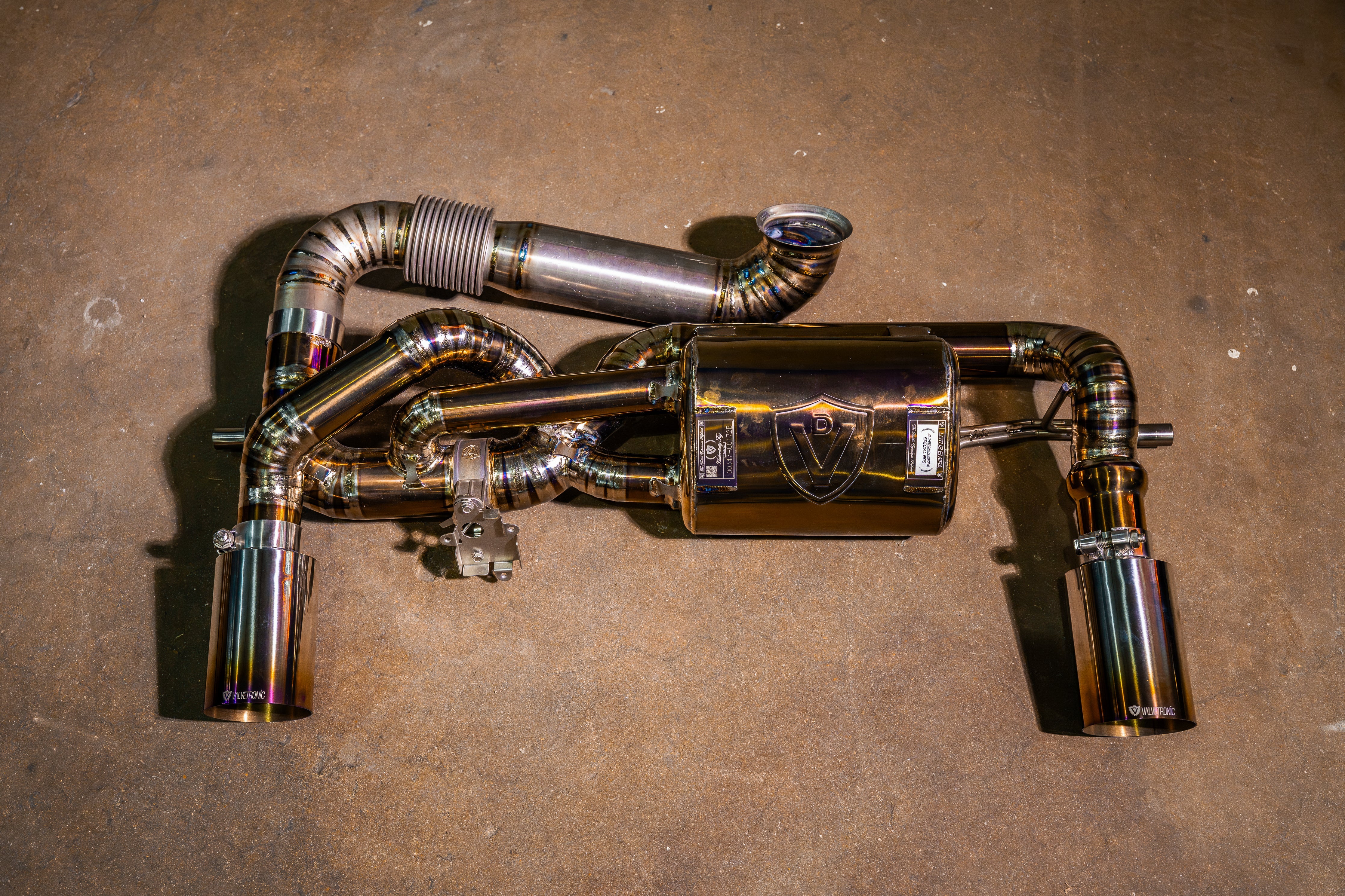Valvetronic Designs Valved Exhaust Lotus Emira manufacturer gallery: rear exhaust assembly with corrugated flex joint and twin metal outlets