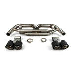 Fabspeed 991.2 muffler bypass with black tips and clamps laid out