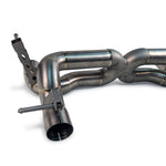 Titanium X-pipe outlet and hanger rod, low angle view