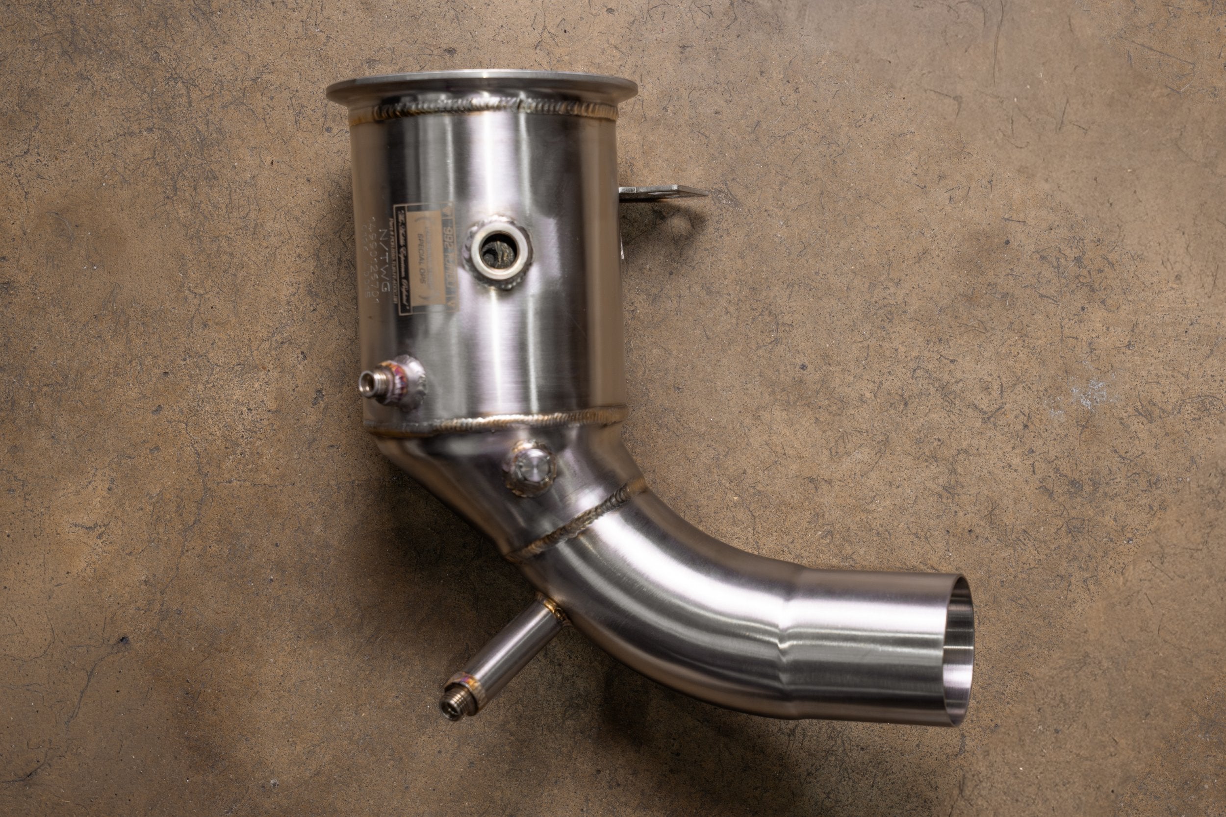 Valvetronic Designs 400 Cell Downpipes Porsche 992 Turbo / S manufacturer gallery: single downpipe side profile with a sensor port above the bend