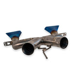 Fabspeed 650S titanium X-pipe, top view with burnt titanium tips