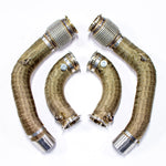 A top view of RK Autowerks F9X M5 M8 CATLESS DOWNPIPES with a white background