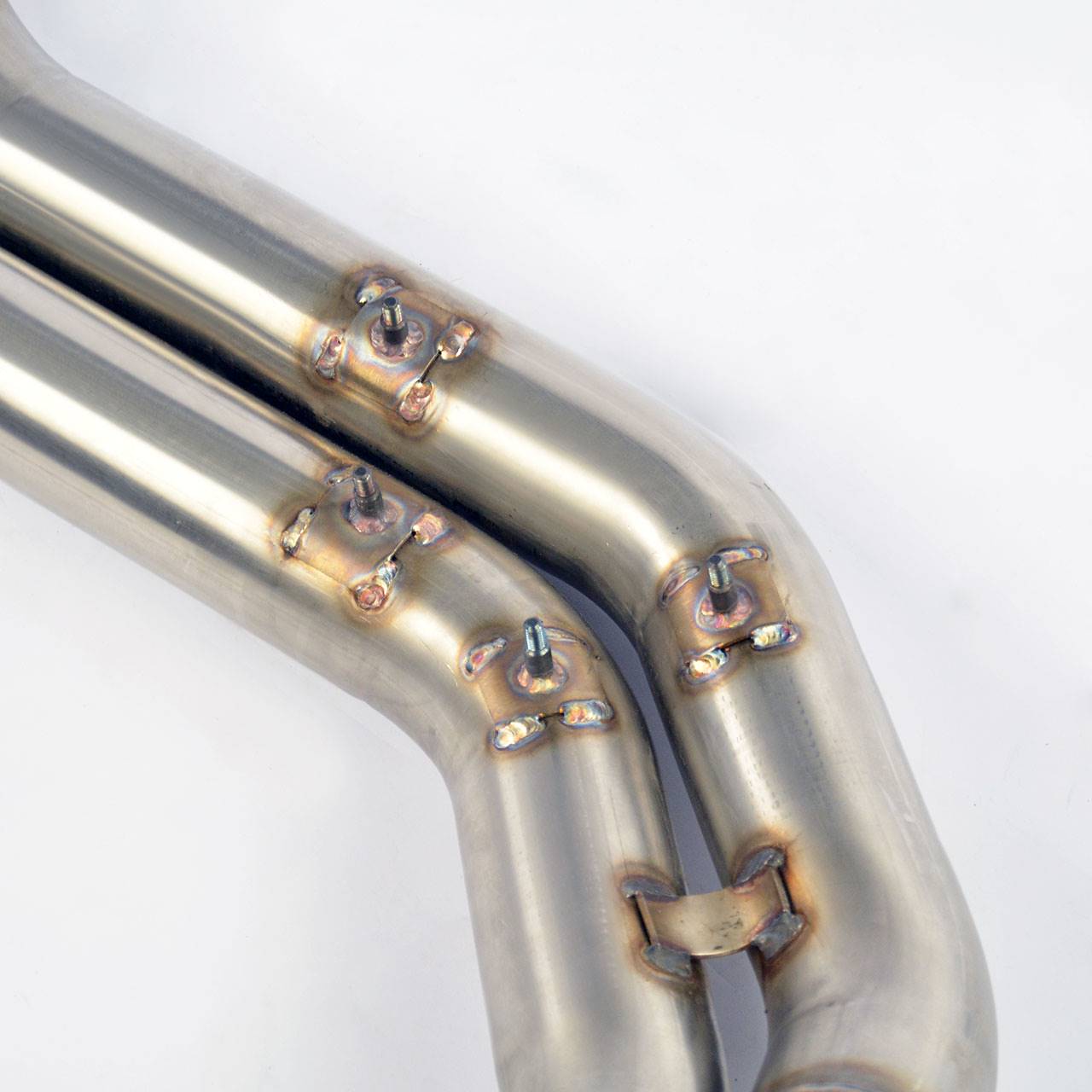 close view of Supersprint Centre exhaust Twin Pipe - Non-Resonated for BMW E46 M3 3.2i Coupé/Cabrio 2001-2006 (Ø63,5mm - Dual Pipe) with white background