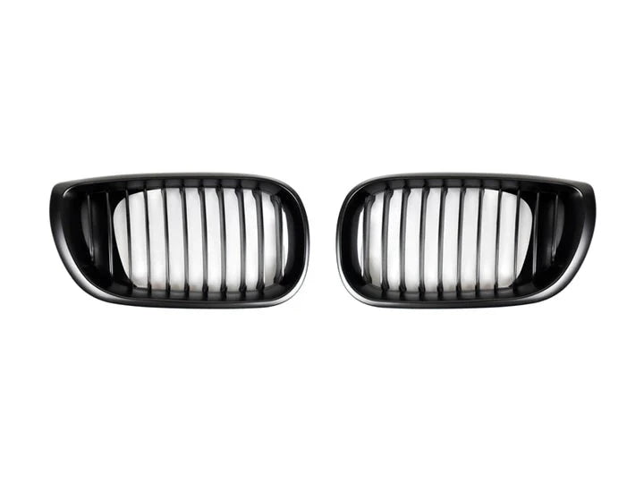 A front view of AUTOTECKNIC GLAZING BLACK FRONT GRILLE SET - BMW E46 3-SERIES LCI SEDAN 2001-2005 with white background