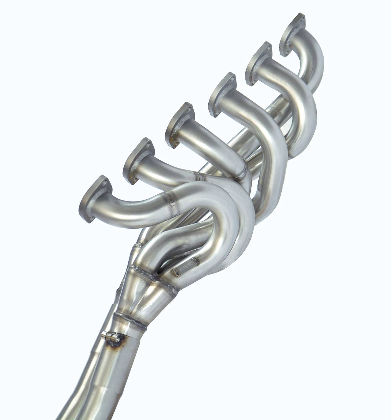 wide side view of Supersprint Manifold + connecting pipes 100% Stainless steel (Left Hand Drive) for BMW E23 728 / 730 / 733i 1977-1982 with white background