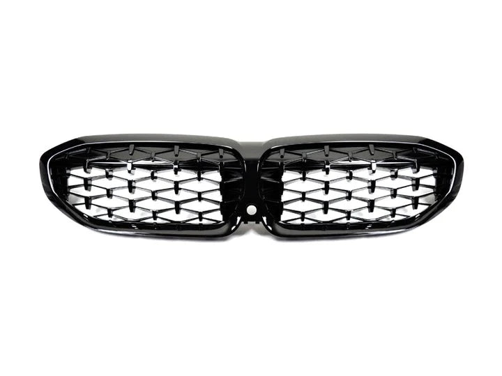 A front view of AUTOTECKNIC GLAZING BLACK FRONT GRILLE - BMW G20 M340I 2018+ with white background