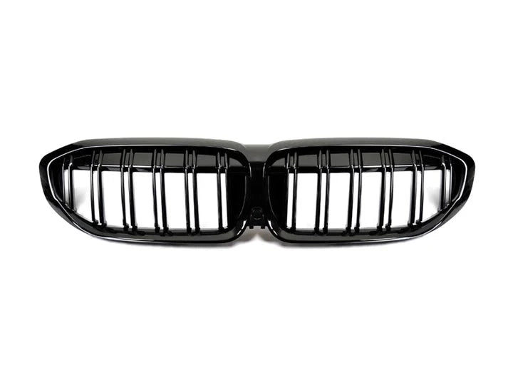 A front view of AUTOTECKNIC DUAL-SLATS GLAZING BLACK FRONT GRILLES - BMW G20 3-SERIES 2018+ with white background