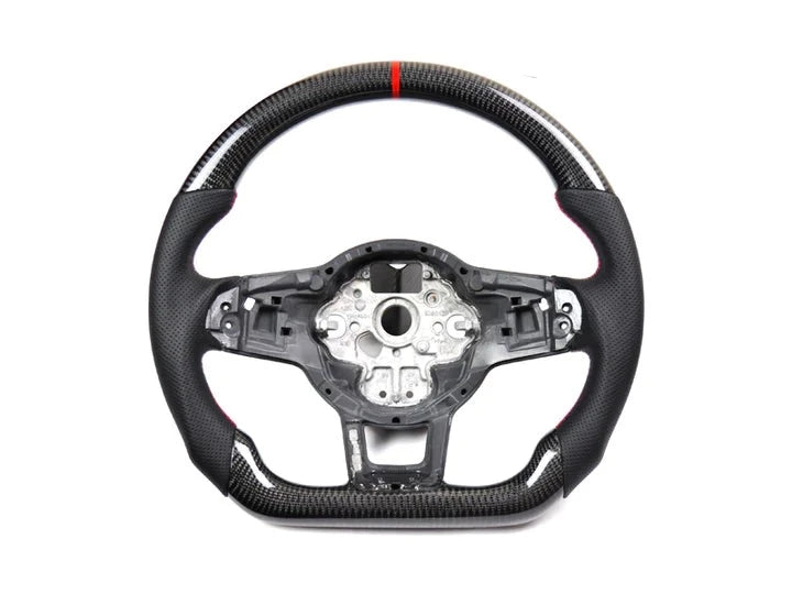 A front view of AUTOTECKNIC CARBON FIBER STEERING WHEEL - VW GLI | GTI | GOLF R 2015+ with white background