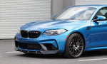 A side close up view of a blue car fitted with AUTOTECKNIC DRY CARBON FIBER CENTER FRONT LIP - BMW F87 M2 COMPETITION 2018+