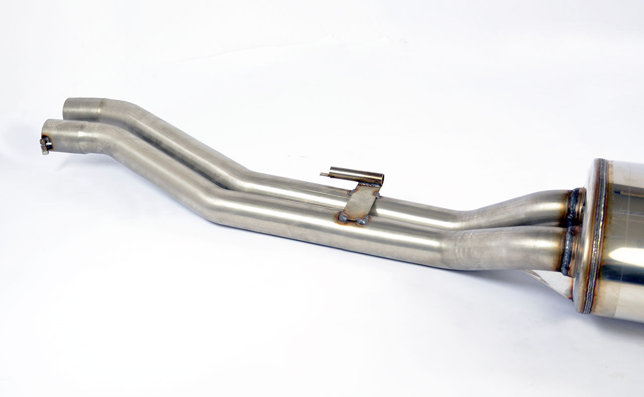 close side view of Supersprint Rear exhaust OO76 for BMW E30 - S50 / S52 engine conversion 1995-1999 with white background