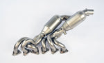 close top view of Supersprint Metallic catalytic converter HJS, 100CPSI kit for OEM headers (Weld on connection) for BMW E46 M3 3.2i Coupé/Cabrio 2001-2006 (USA Model Ø60mm - Single Pipe) with white background