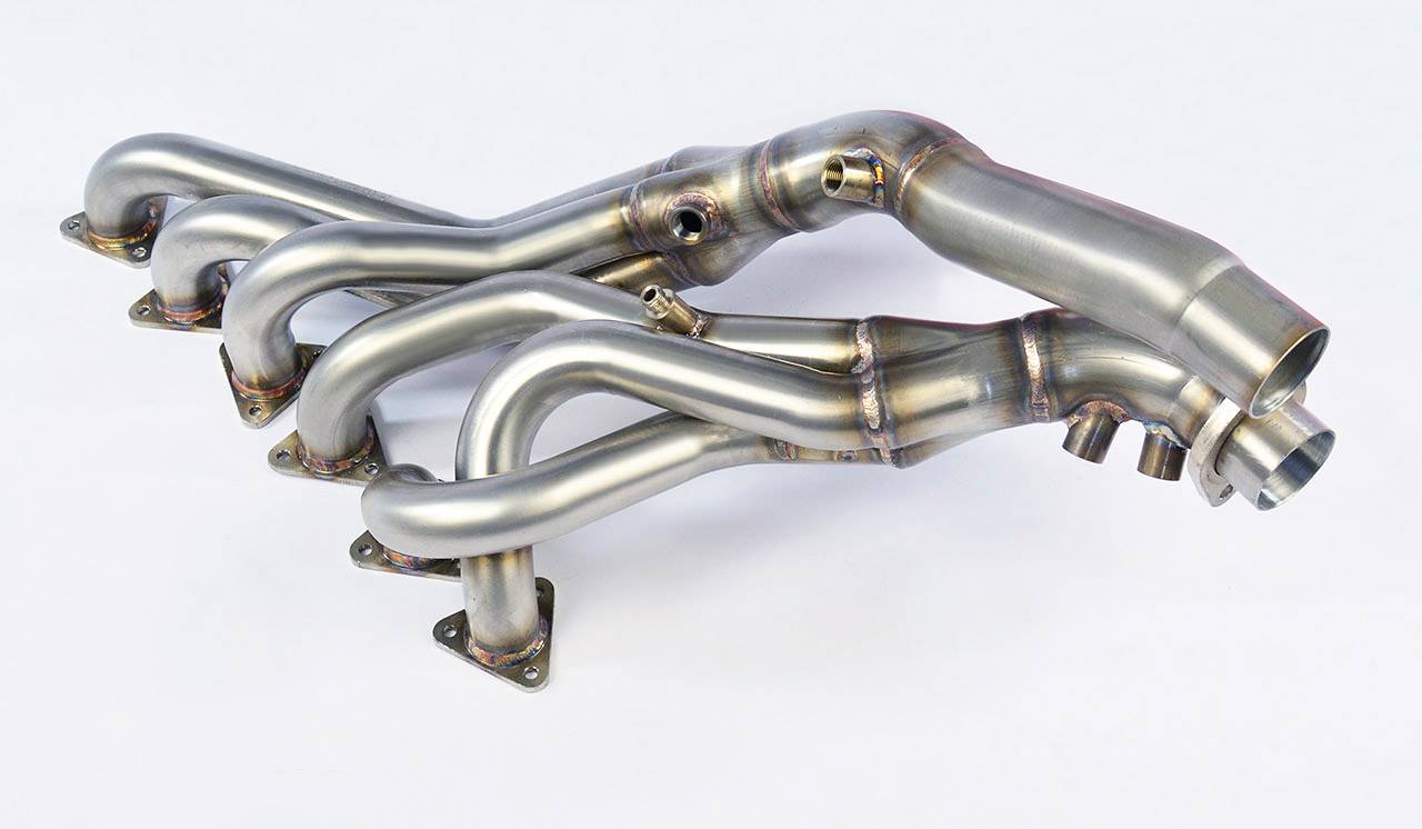 wide side view of Supersprint Manifold (Replaces OEM catalytic converter) (Left Hand Drive) for BMW E46 M3 3.2i Coupé/Cabrio 2001-2006 with white background