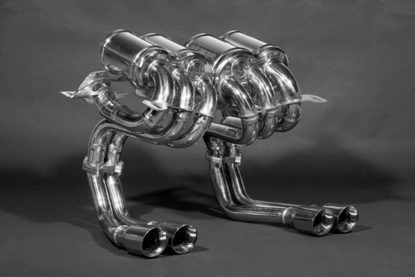 wide view of Capristo FreeFlow Exhaust for Lamborghini Diablo 1993-2000 with black background