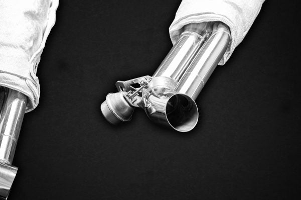 close view of Capristo Valved Exhaust with Heat Blankets (CES3) for Dodge Viper SRT ACR 2013-2017 with black background