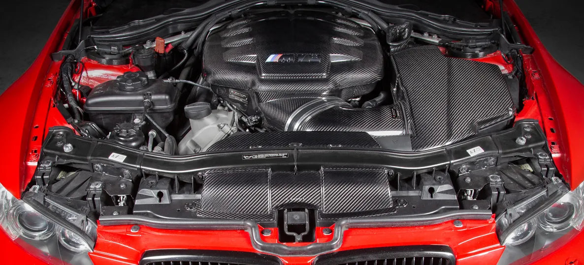 Red E92 M3 with hood open and the Eventuri gloss carbon plenum installed