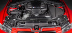 Red E92 M3 with hood open and the Eventuri gloss carbon plenum installed