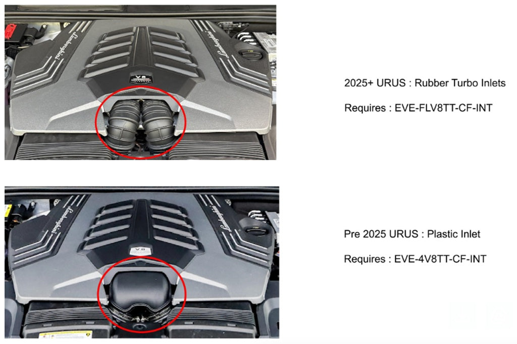 Comparison of two different intake inlet configurations installed in V8 twin turbo engine bay with red circles highlighting components - Eventuri intake system for Audi 4MN RSQ8 4M SQ7 SQ8 636 Urus 9YA Cayenne Turbo 4V Bentayga
