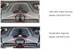 Comparison of two different intake inlet configurations installed in V8 twin turbo engine bay with red circles highlighting components - Eventuri intake system for Audi 4MN RSQ8 4M SQ7 SQ8 636 Urus 9YA Cayenne Turbo 4V Bentayga