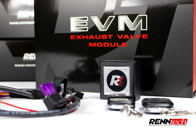 A front view of RENNtech EVM | Exhaust Valve Module (Remote Controlled) Mercedes-Benz A35 AMG 2019-2021 with EVM written on the picture