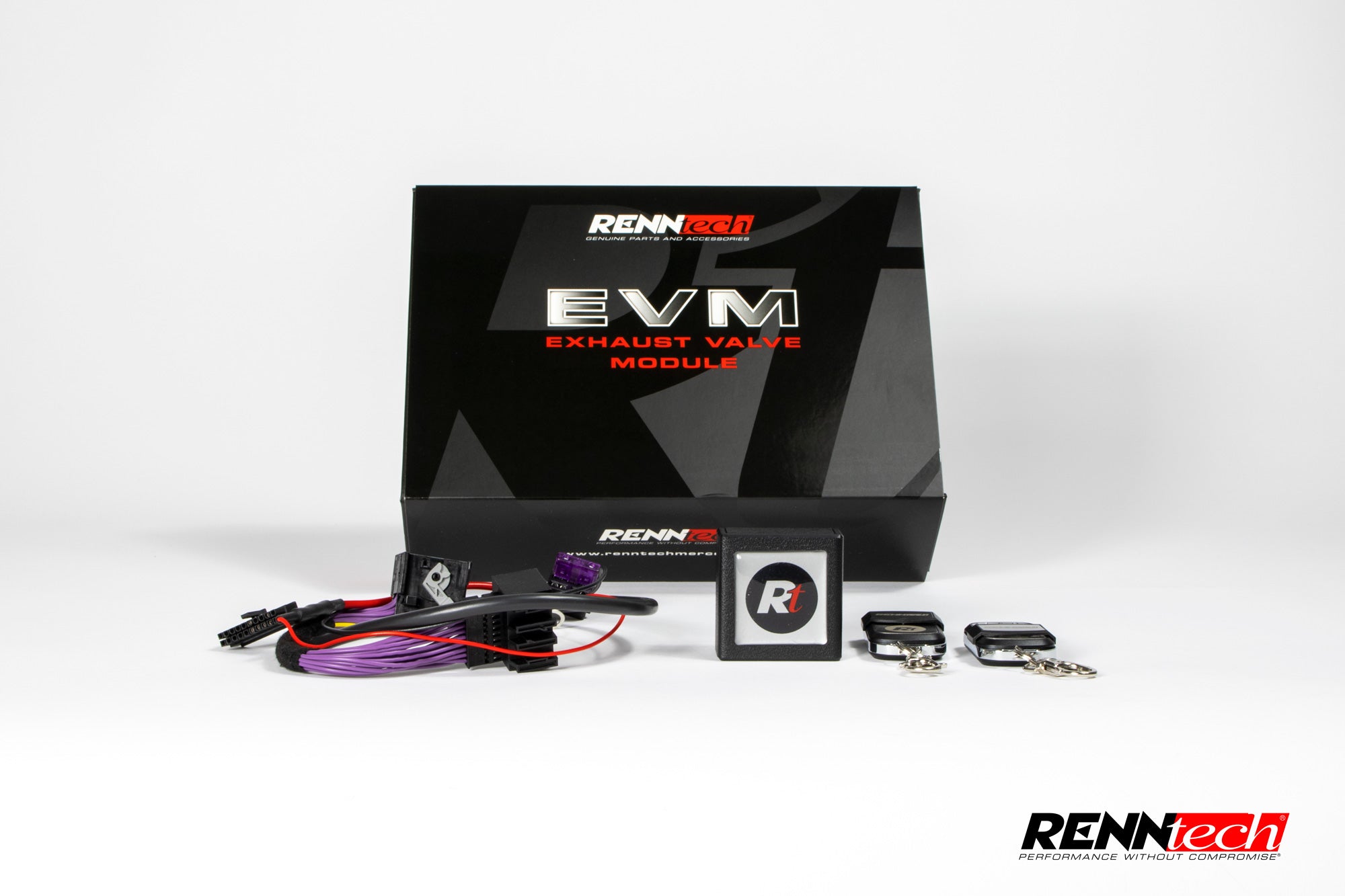 A front view of RENNtech EVM | Exhaust Valve Module (Remote Controlled) Mercedes-Benz A35 AMG 2019-2021 with it's box with white background