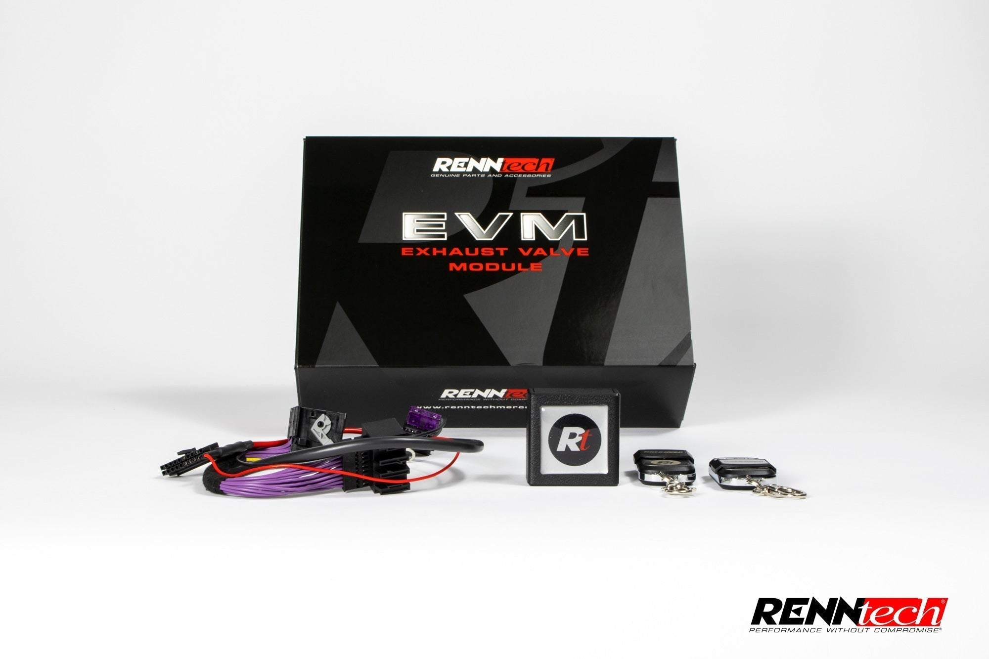 A front view of RENNtech EVM | Exhaust Valve Module (Remote Controlled) Mercedes-Benz GLB35 AMG 2019-2021 with it's box with white background