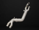 A front view of the equal length front pipe of the IPE SS Cat-Back Exhaust System for BMW M3 / M4 Competition (G80/G82 - S58) 2021-2025 with black background
