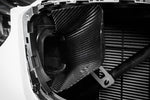 Black carbon fiber intake lid with contoured scoops installed in engine bay air intake housing - Eventuri intake lid with scoops for BMW X3M