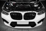 Carbon fiber intake lid with dual scoops installed in BMW X3M engine bay, hood open showing complete assembly - Eventuri intake lid with scoops for BMW X3M