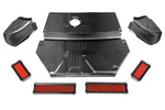 Carbon fiber intake lid with scoops and red performance air filters arranged on white background - Eventuri intake lid with scoops for BMW X3M