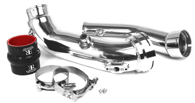 A top view of Evolution Racewerks BMW N55 (3.0T) 135i/235i/335i/435i Charge Pipes in Polish Finish