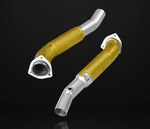A front wide view of IPE SS Catless Straight Downpipe for Ferrari F430 / F430 Spider 2004-2009 with black background