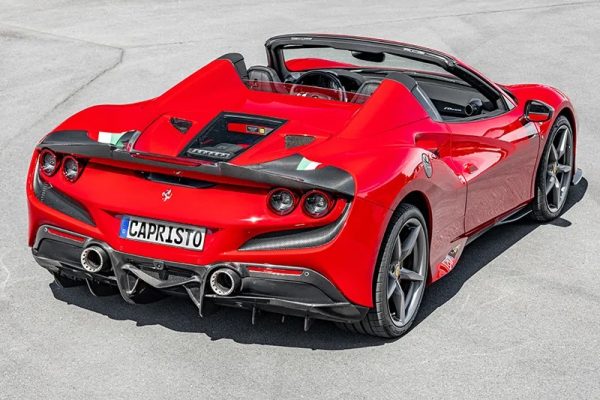 wide view of Capristo Carbon Fiber Rear Diffuser For Ferrari F8 2020-2022 fitted inside a car