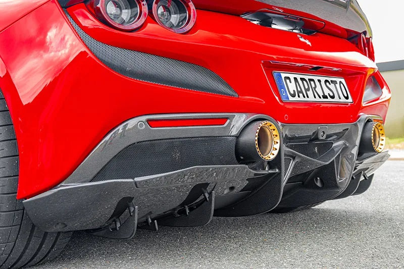 Rear corner of red Ferrari F8 with Capristo carbon fiber diffuser